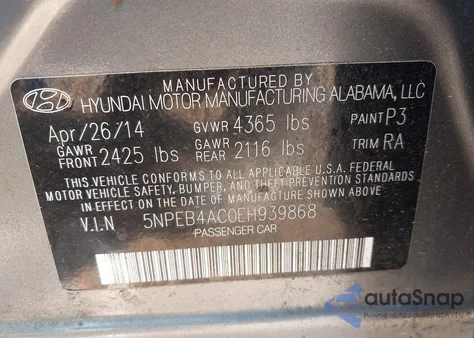 2014 Hyundai Sonata Gls z USA, uszkodzony, nr VIN 5NPEB4AC0EH939868